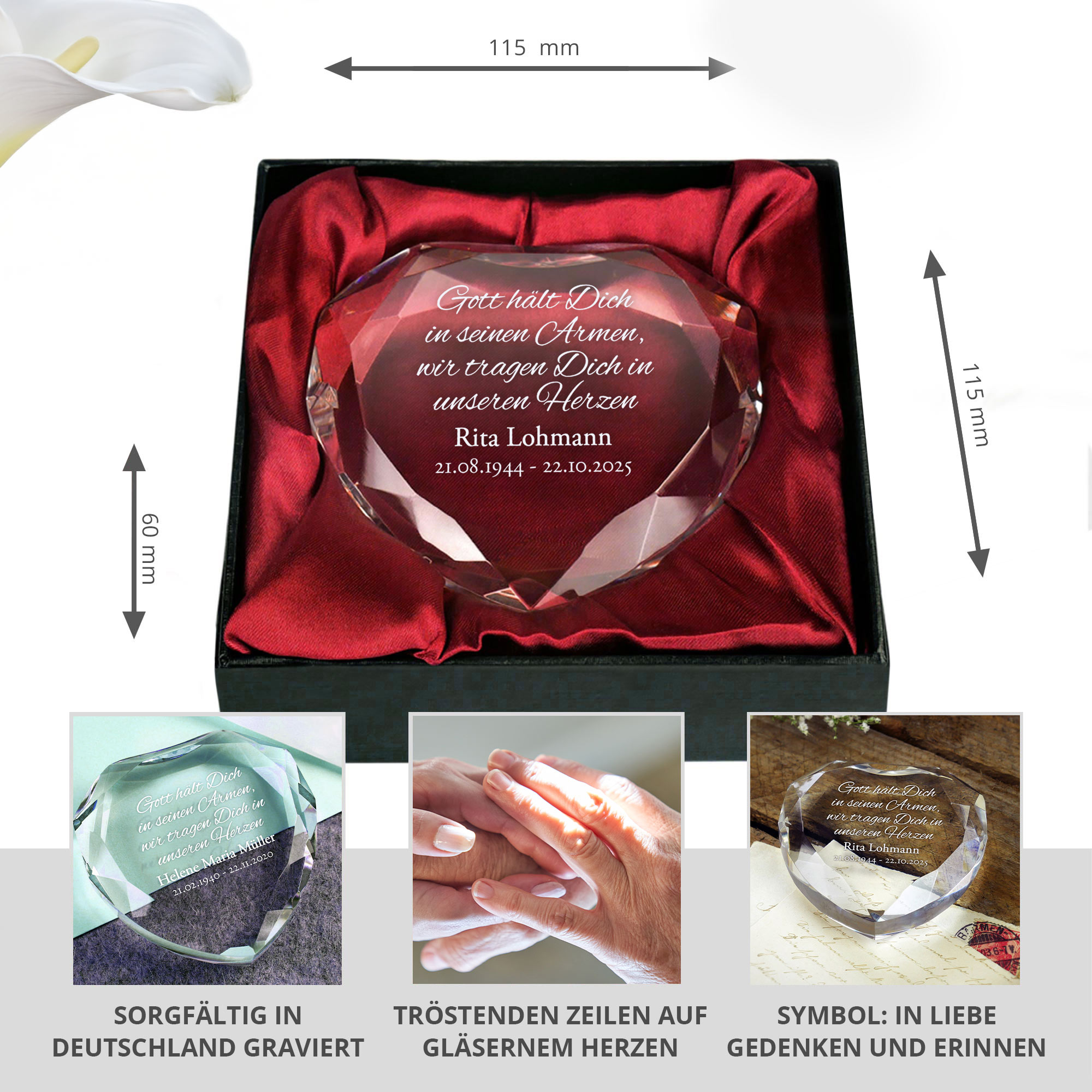 Personalisierter Herz Kristall - Gott hält dich in seinen Armen Personalisierter Herz Kristall - Gott hält dich in seinen Armen