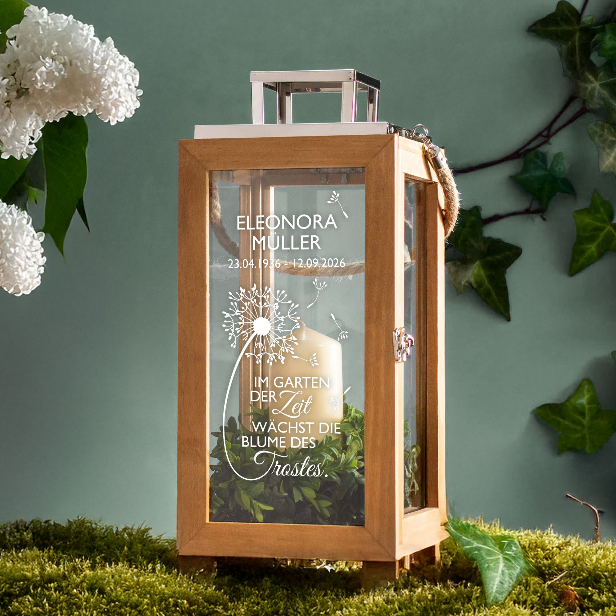 Personalisierte Holzlaterne - Blume des Trostes Personalisierte Holzlaterne - Blume des Trostes