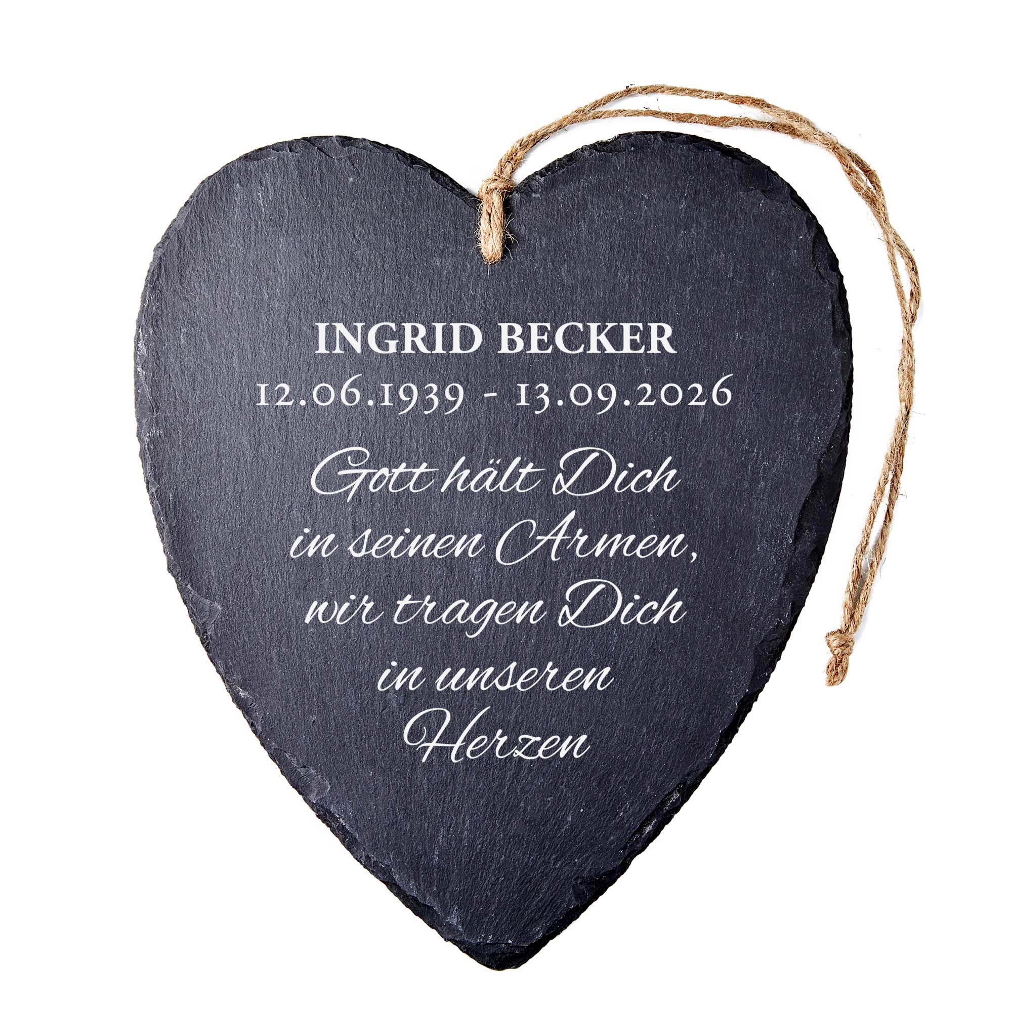 Personalisiertes Schieferherz - Gott hält dich in seinen Armen