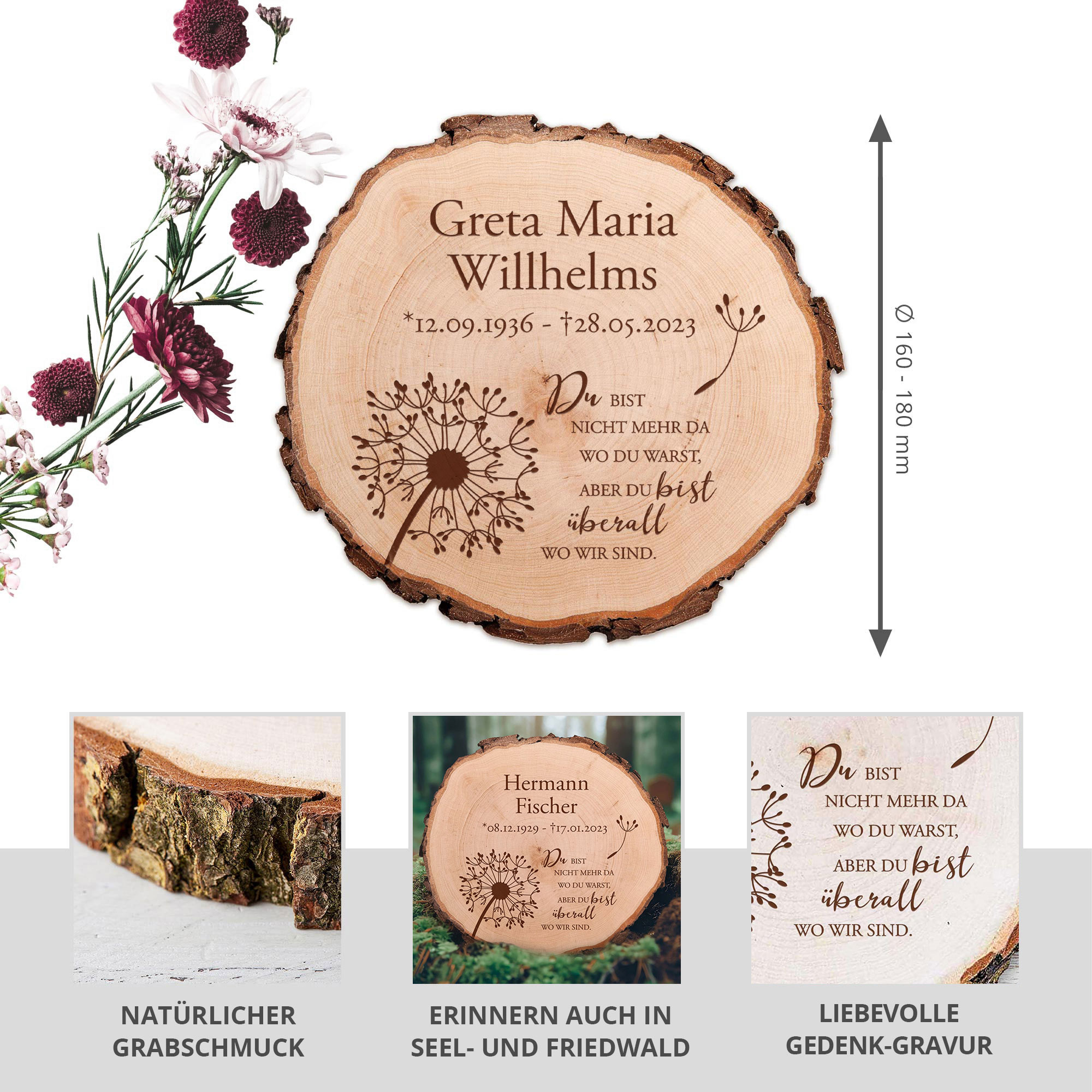 Personalisierte Baumscheibe zur Trauer - Trauerblume