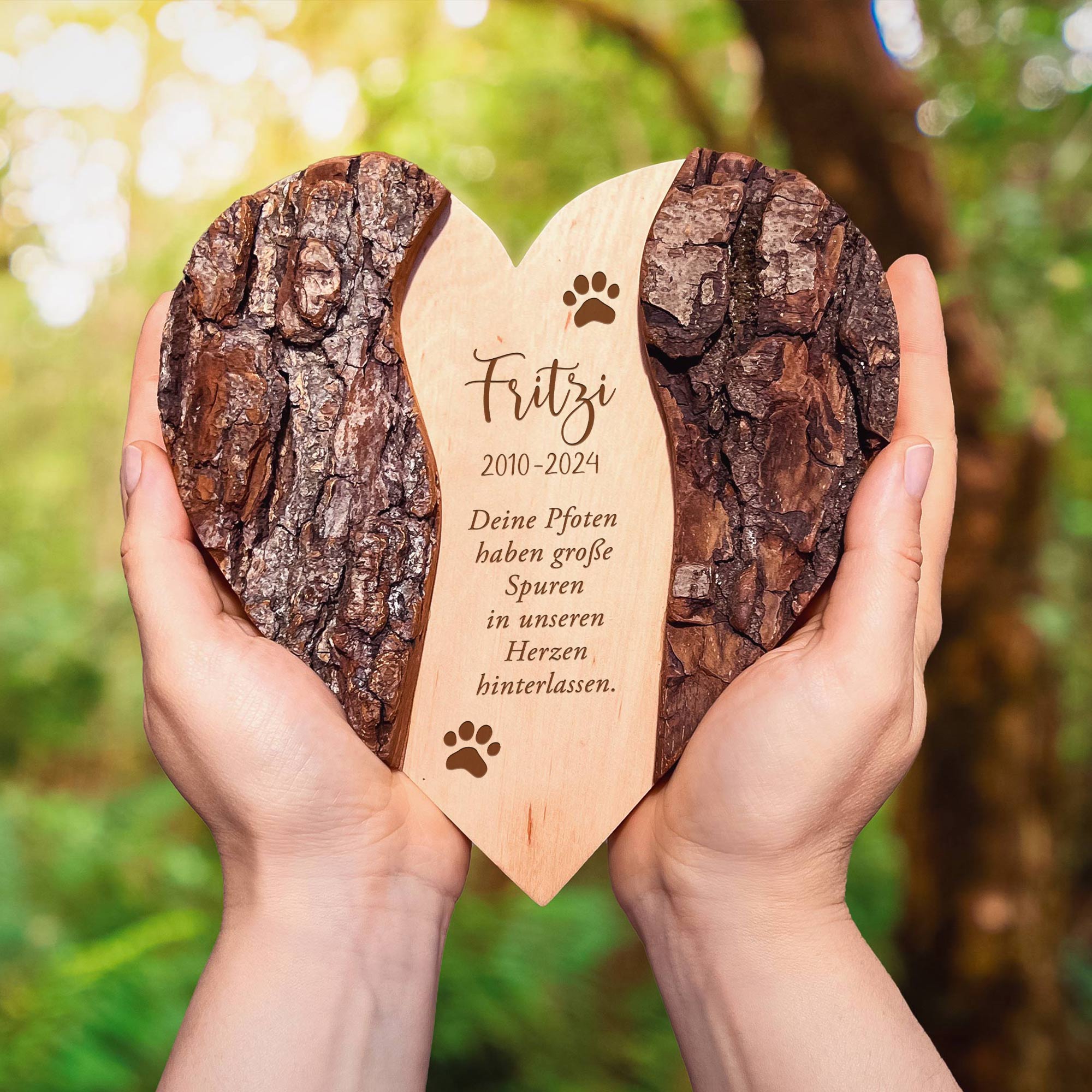 Personalisiertes Holzherz mit Rinde - Katze Personalisiertes Holzherz mit Rinde - Katze