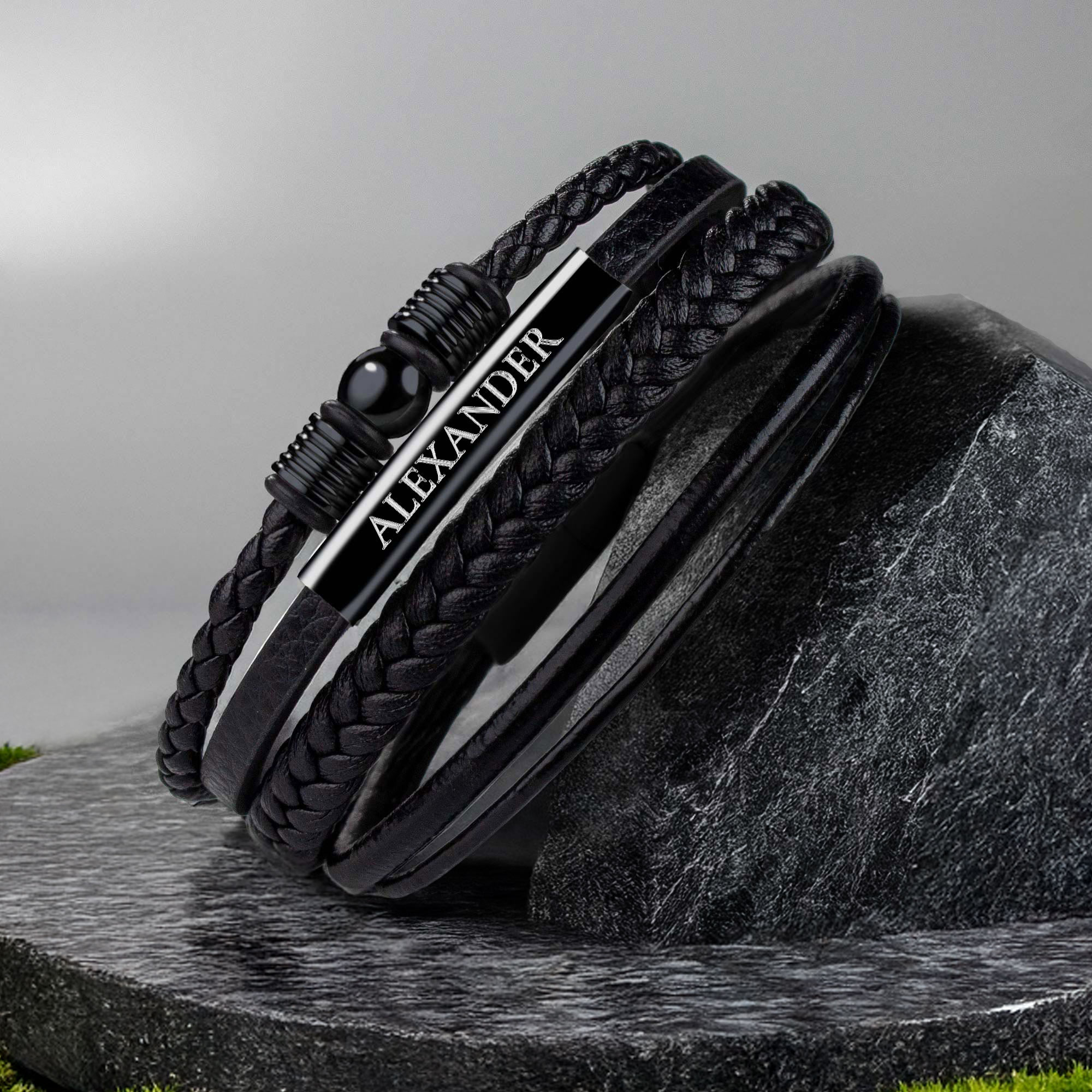 Geflochtenes Herrenarmband mit Beads Schwarz - Wunschtext