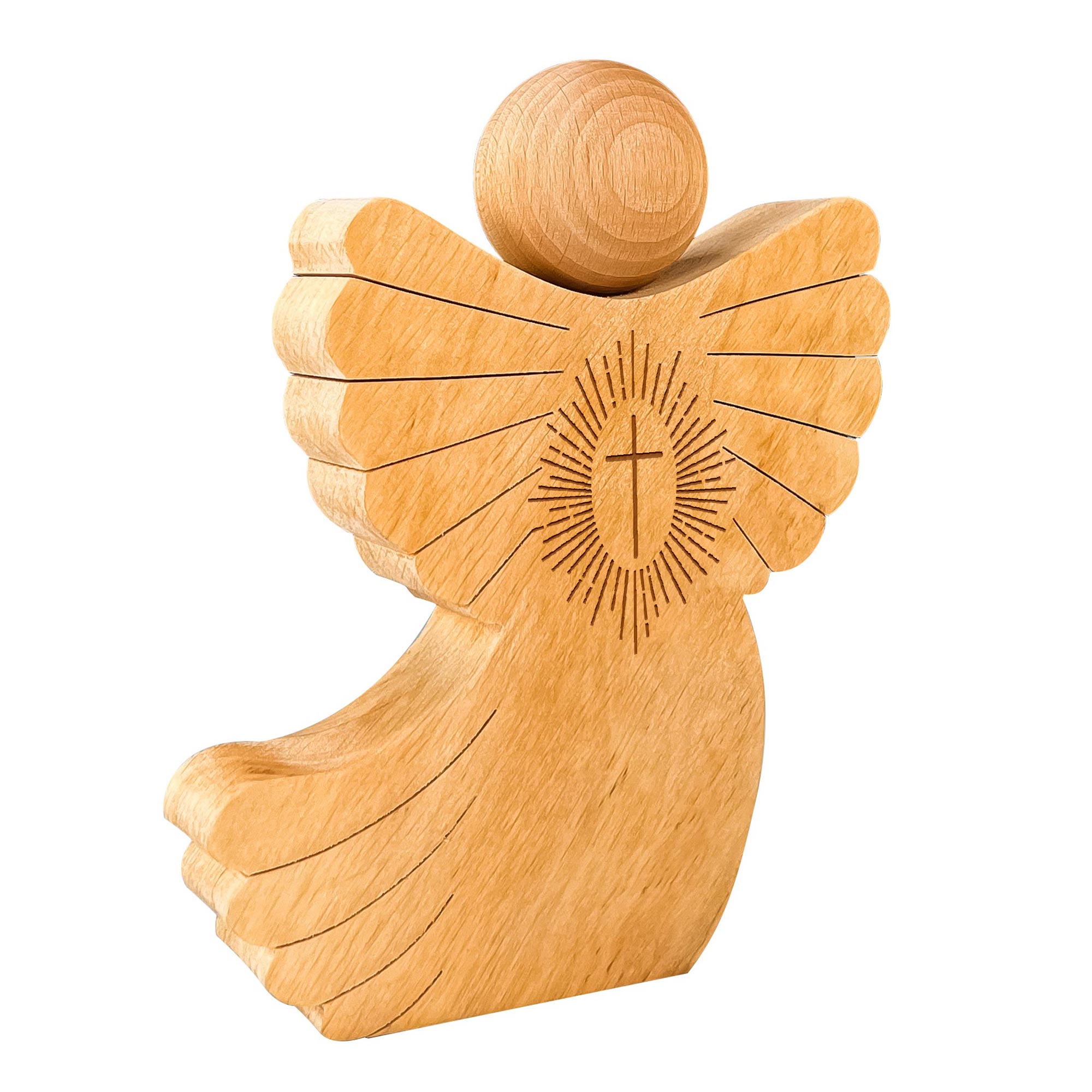 Holzengel mit Schweif - Kreuz Gravur Holzengel mit Schweif - Kreuz Gravur