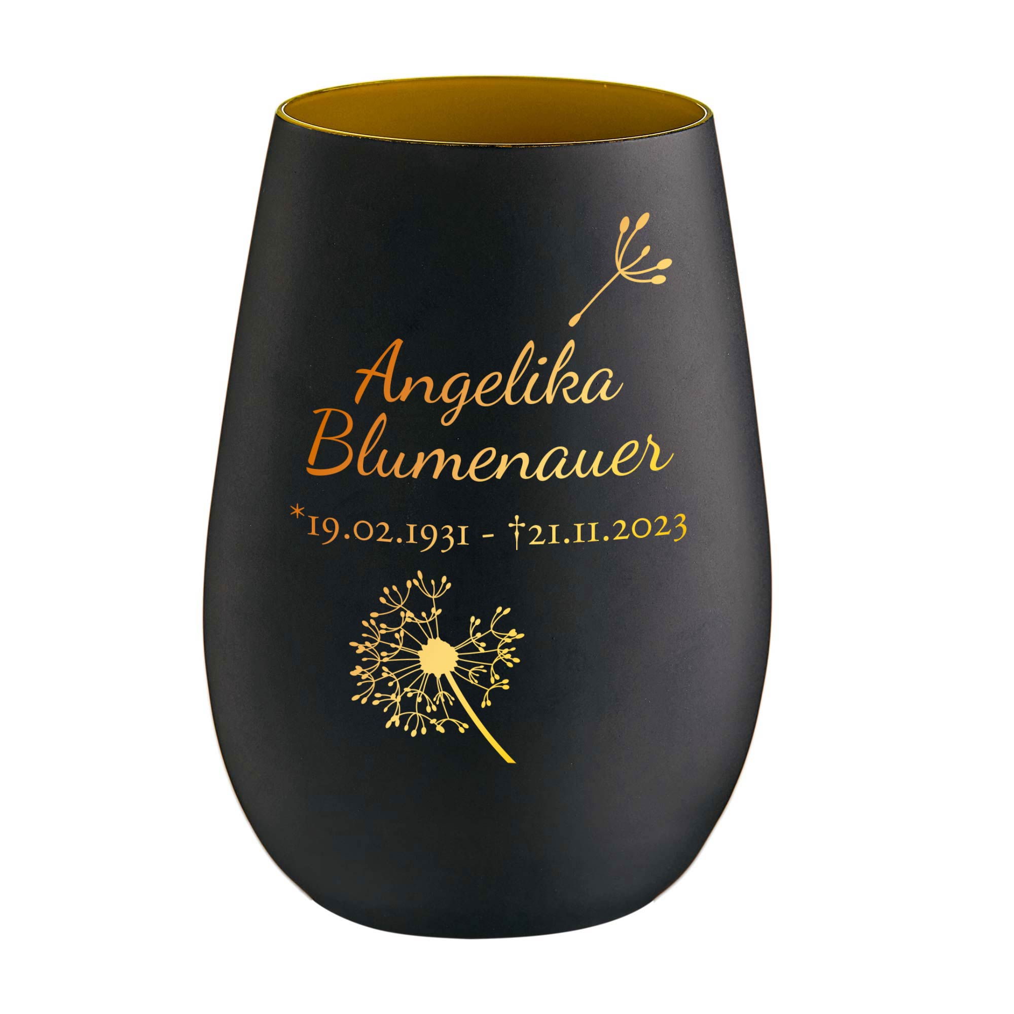 Personalisiertes Windlicht mit Trauerblume - Schwarz Gold Personalisiertes Windlicht mit Trauerblume - Schwarz Gold