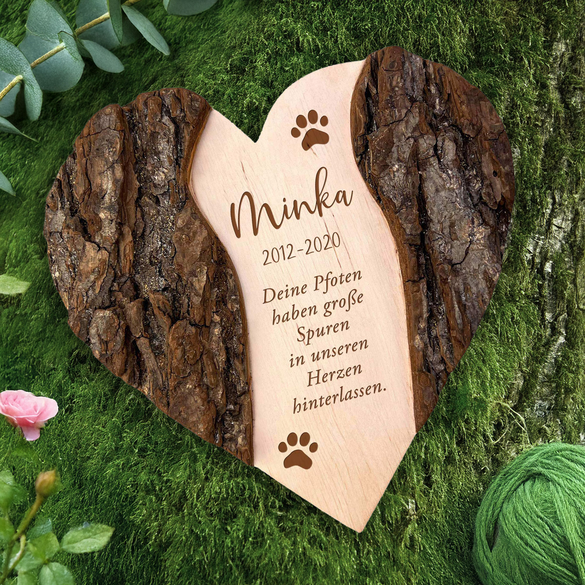 Personalisiertes Holzherz mit Rinde - Katze Personalisiertes Holzherz mit Rinde - Katze