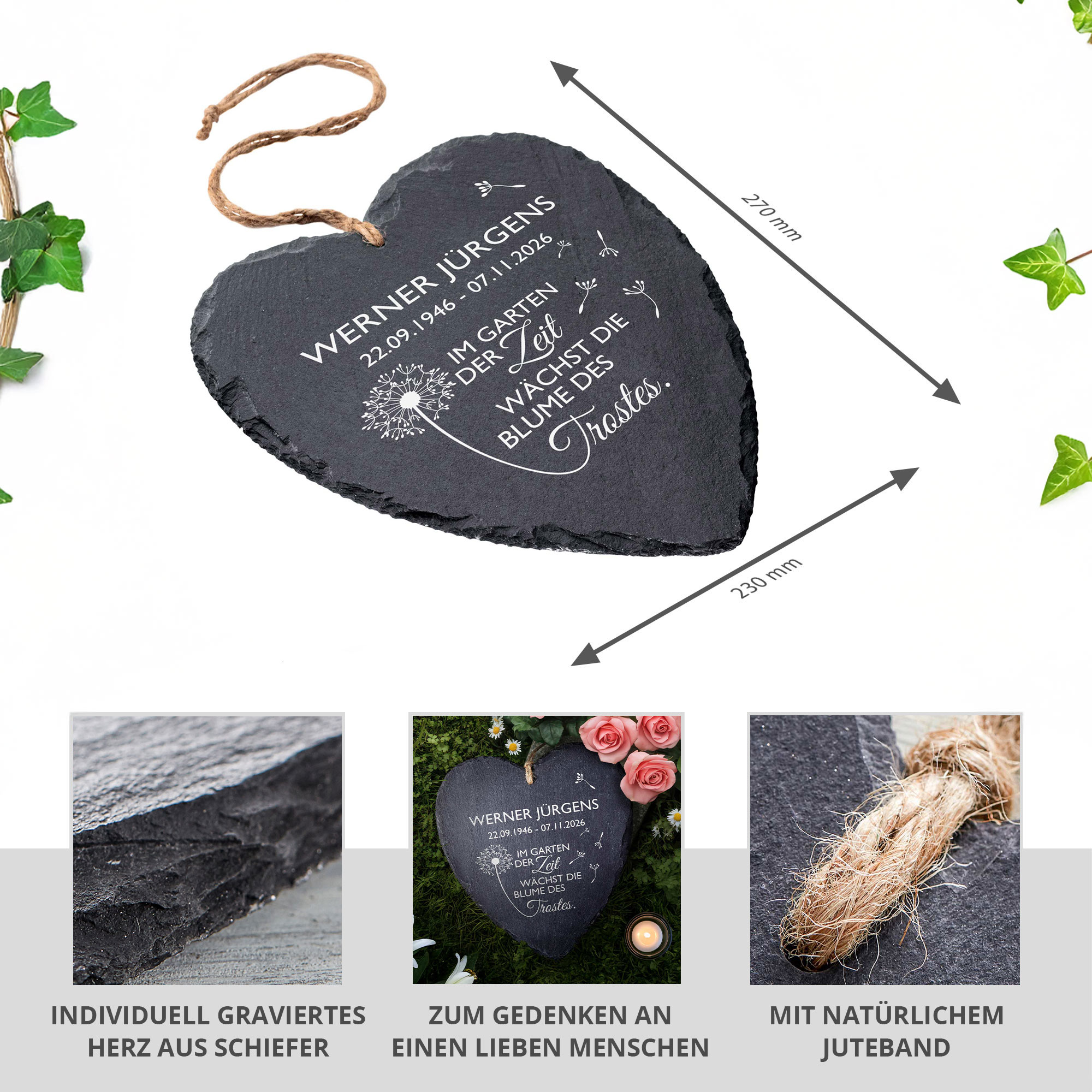 Personalisiertes Schieferherz - Blume des Trostes