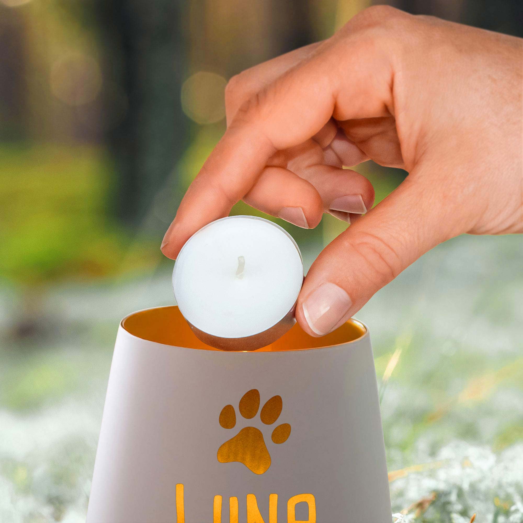 Personalisiertes Windlicht zur Trauer Hund - Weiß Gold Personalisiertes Windlicht zur Trauer Hund - Weiß Gold