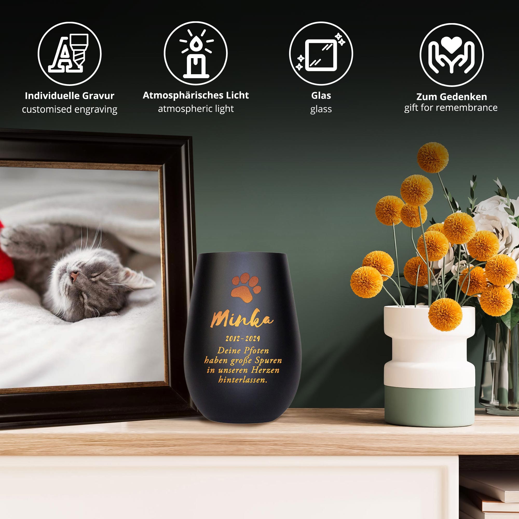 Personalisiertes Windlicht zur Trauer Katze - Schwarz Bronze Personalisiertes Windlicht zur Trauer Katze - Schwarz Bronze