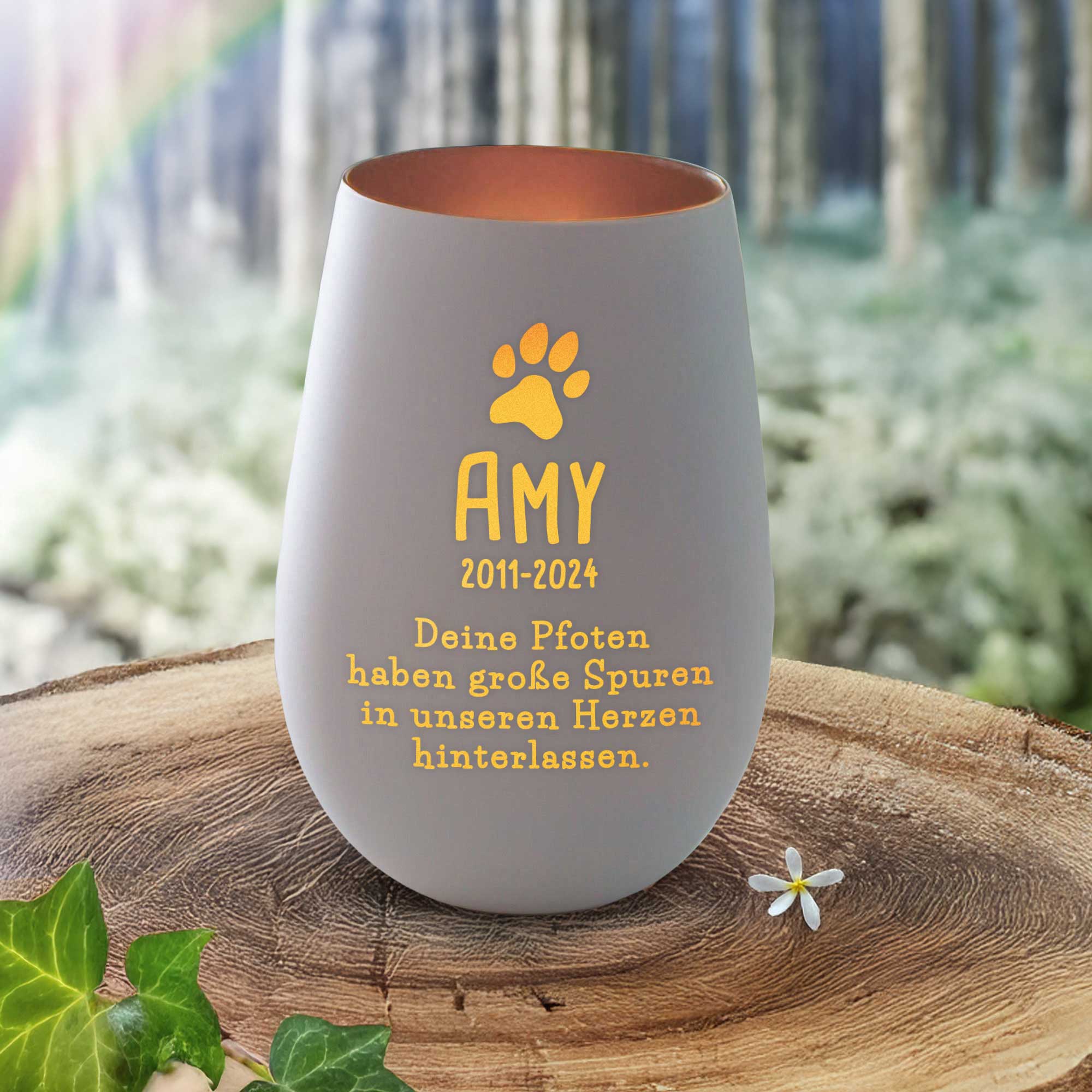 Personalisiertes Windlicht zur Trauer Hund - Weiß Bronze Personalisiertes Windlicht zur Trauer Hund - Weiß Bronze