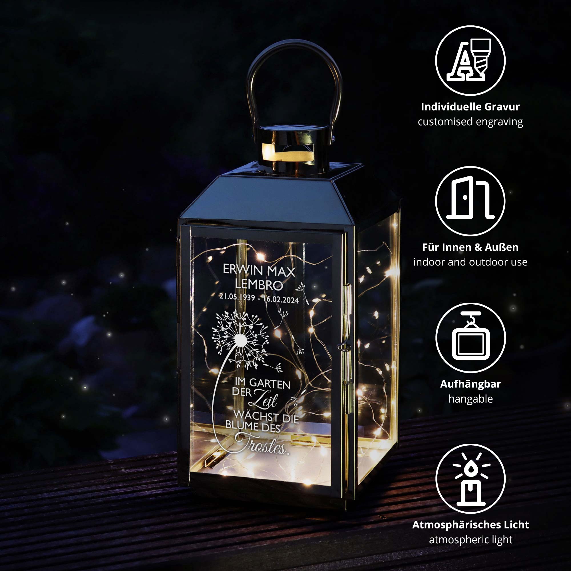 Personalisierte Gold Laterne - Blume des Trostes Personalisierte Gold Laterne - Blume des Trostes