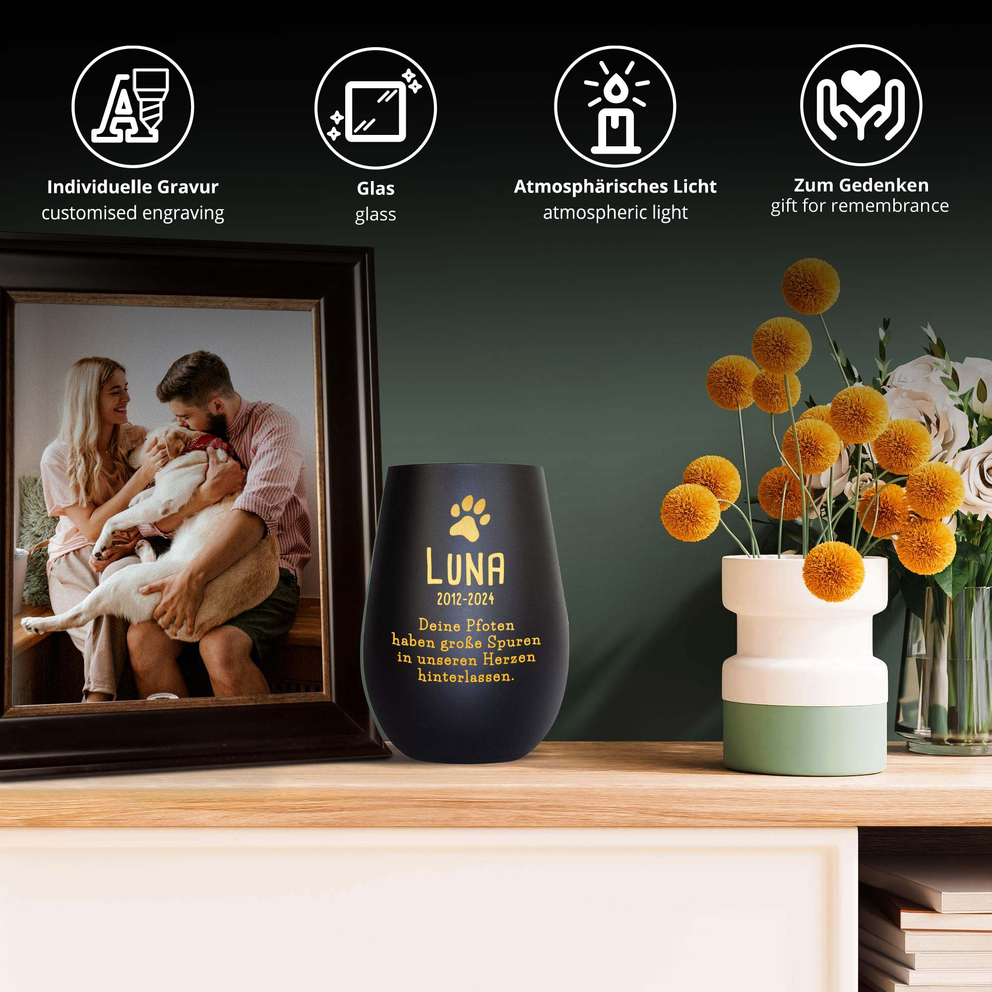 Personalisiertes Windlicht zur Trauer Hund - Schwarz Gold Personalisiertes Windlicht zur Trauer Hund - Schwarz Gold