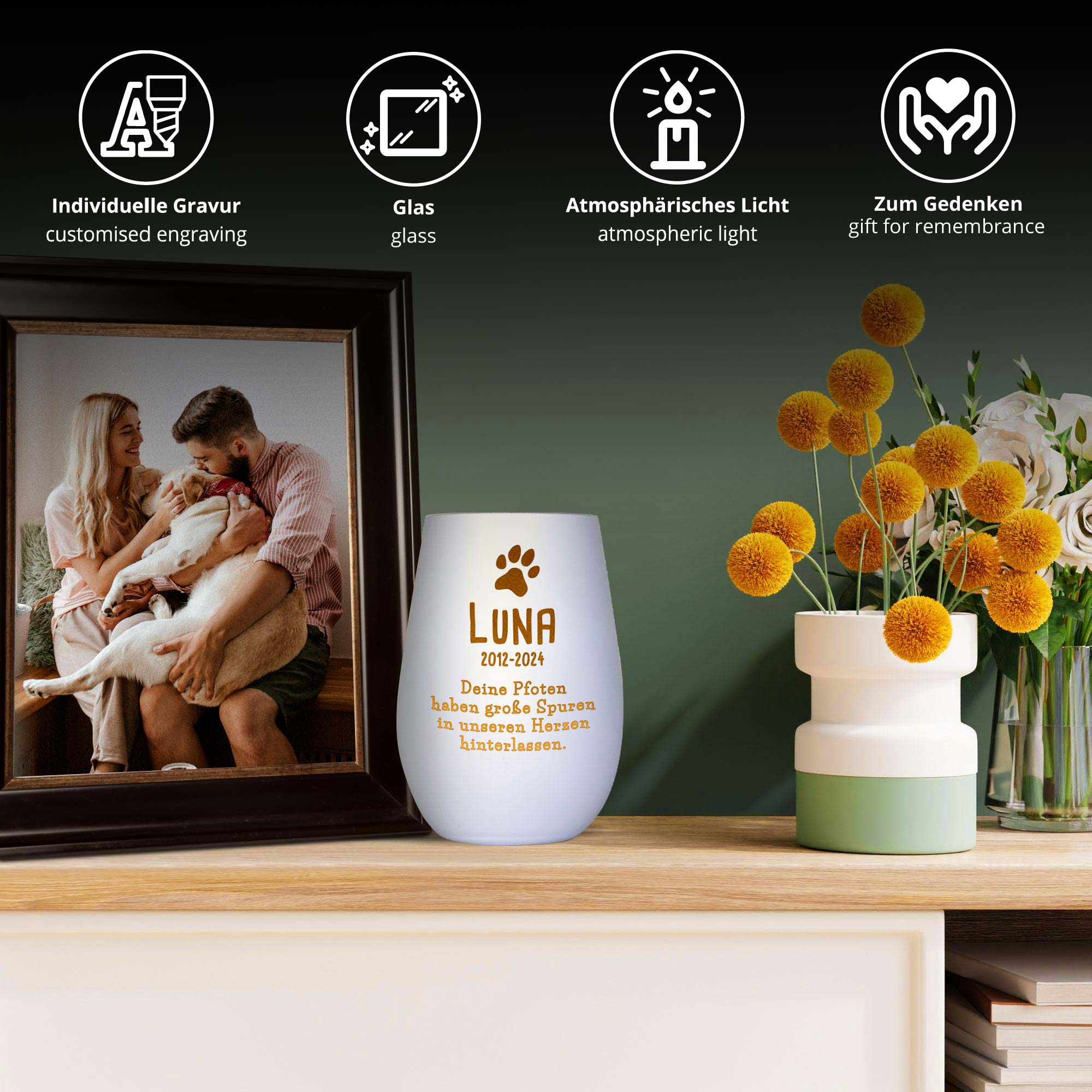 Personalisiertes Windlicht zur Trauer Hund - Weiß Gold Personalisiertes Windlicht zur Trauer Hund - Weiß Gold