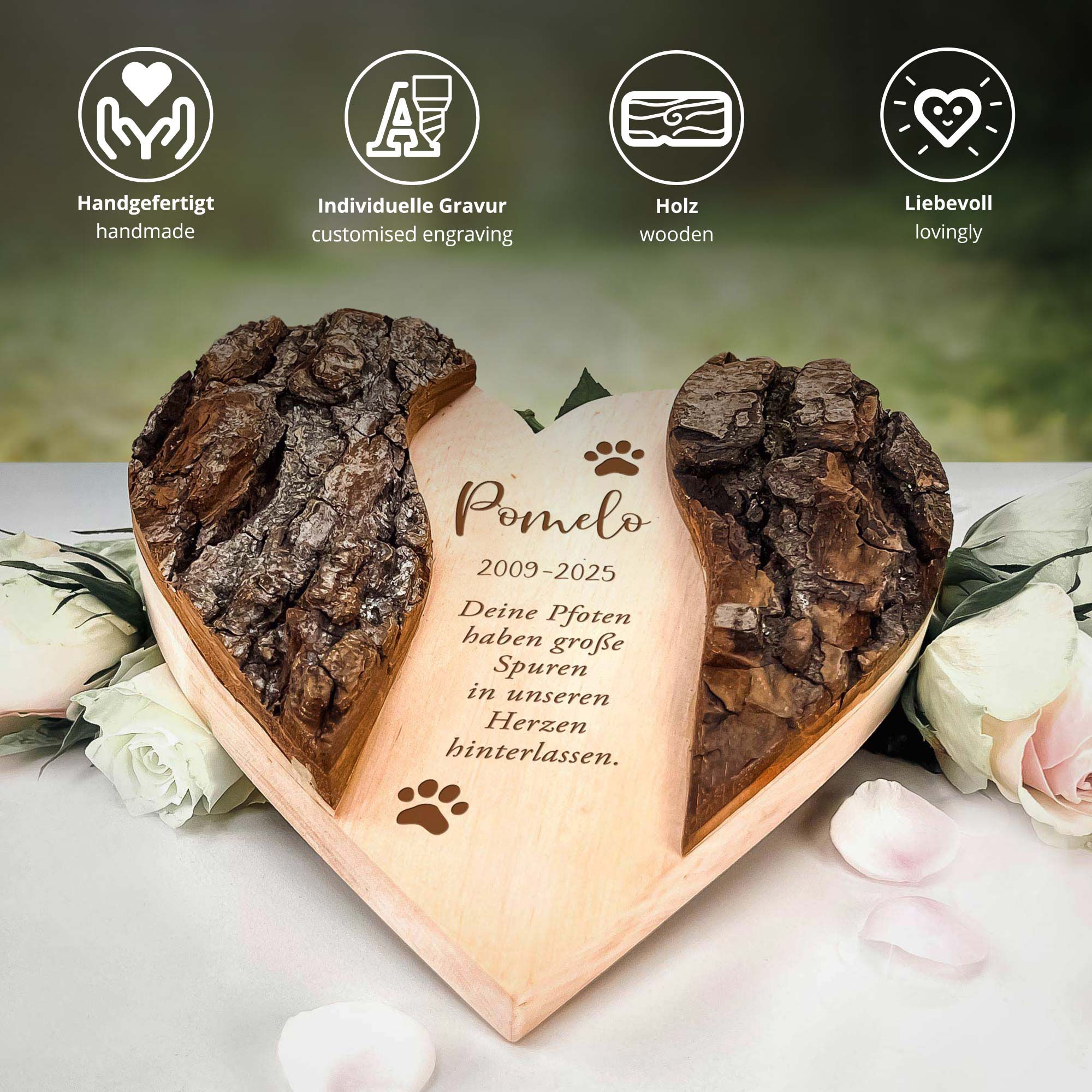 Personalisiertes Holzherz mit Rinde - Katze Personalisiertes Holzherz mit Rinde - Katze