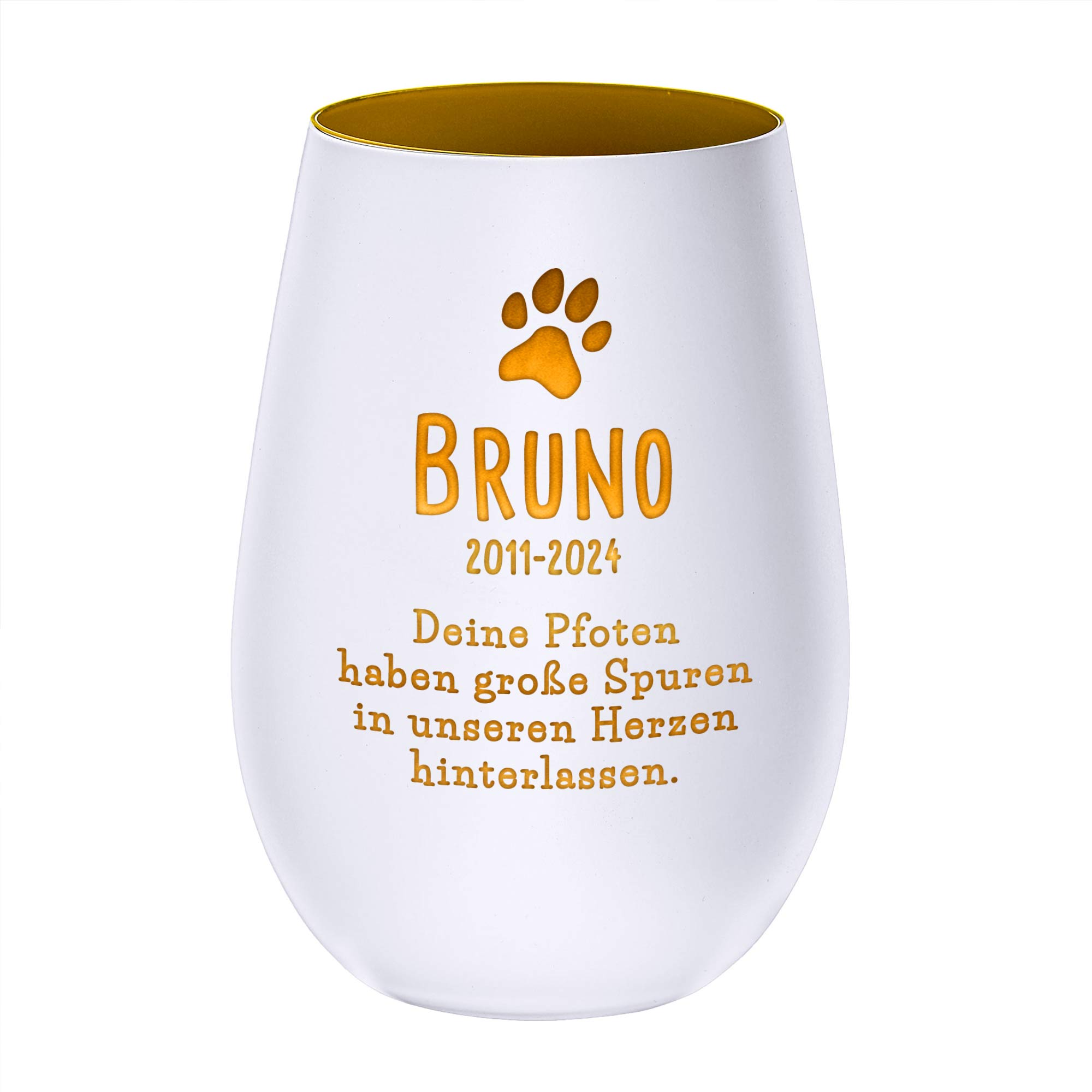 Personalisiertes Windlicht zur Trauer Hund - Weiß Gold Personalisiertes Windlicht zur Trauer Hund - Weiß Gold