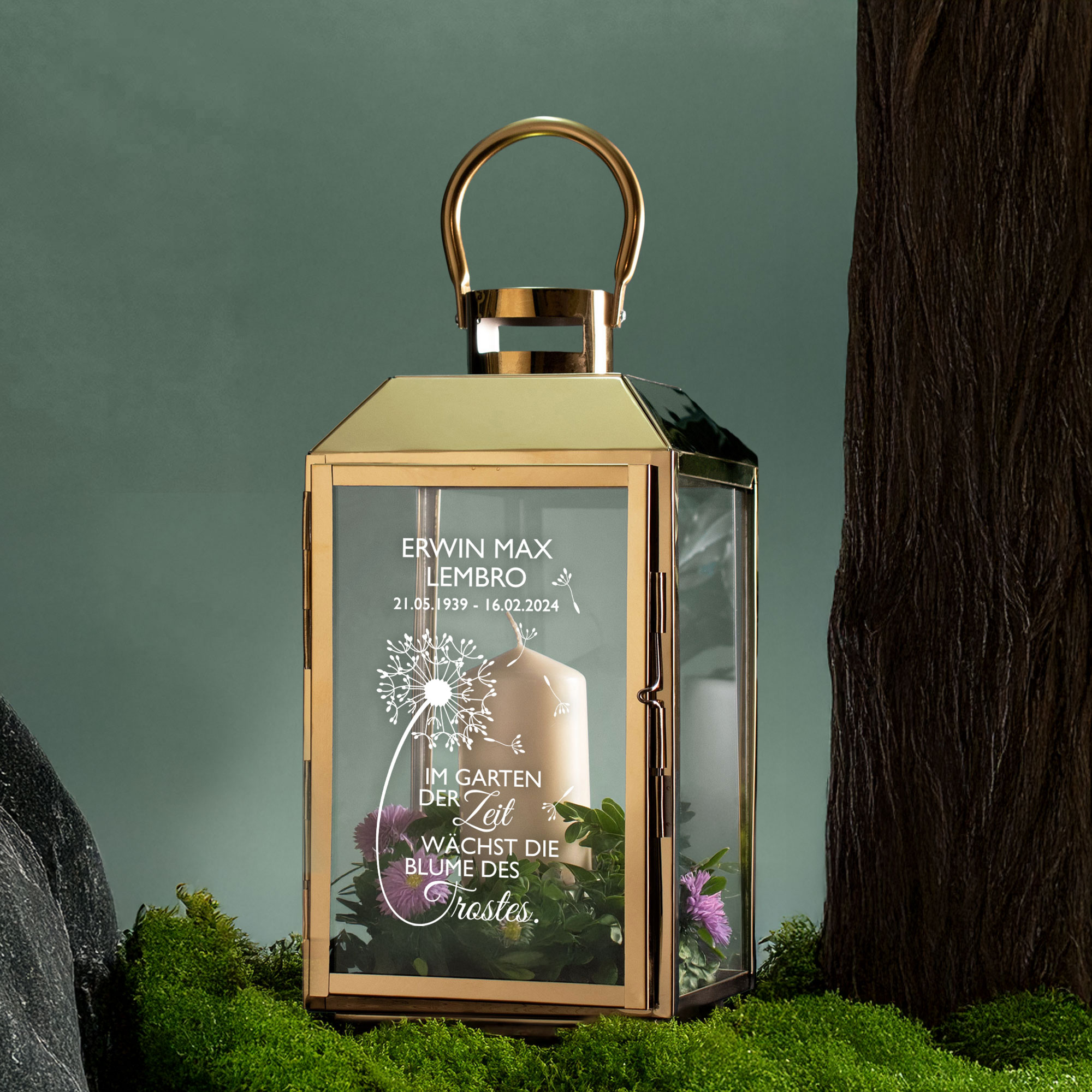 Personalisierte Gold Laterne - Blume des Trostes Personalisierte Gold Laterne - Blume des Trostes
