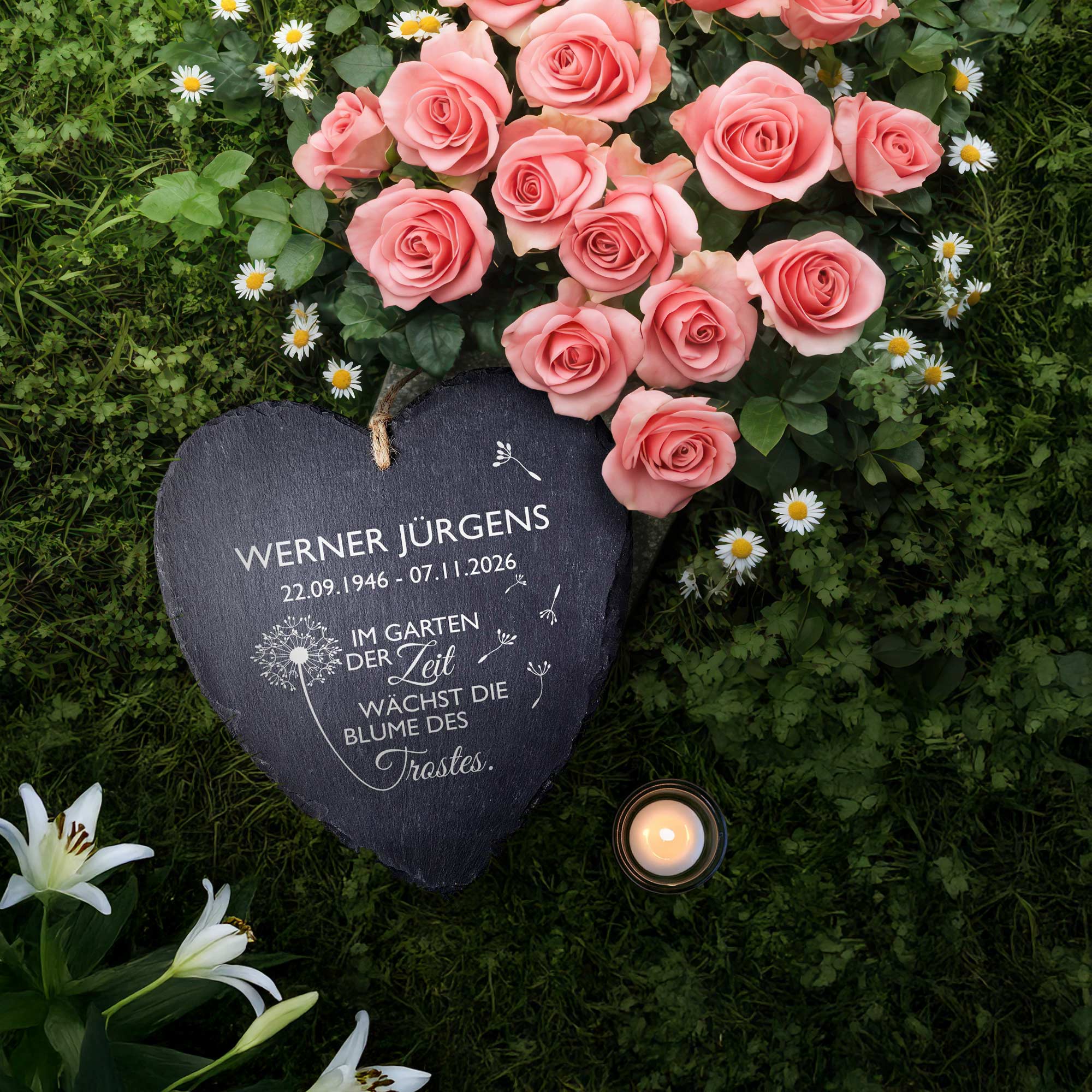 Personalisiertes Schieferherz - Blume des Trostes
