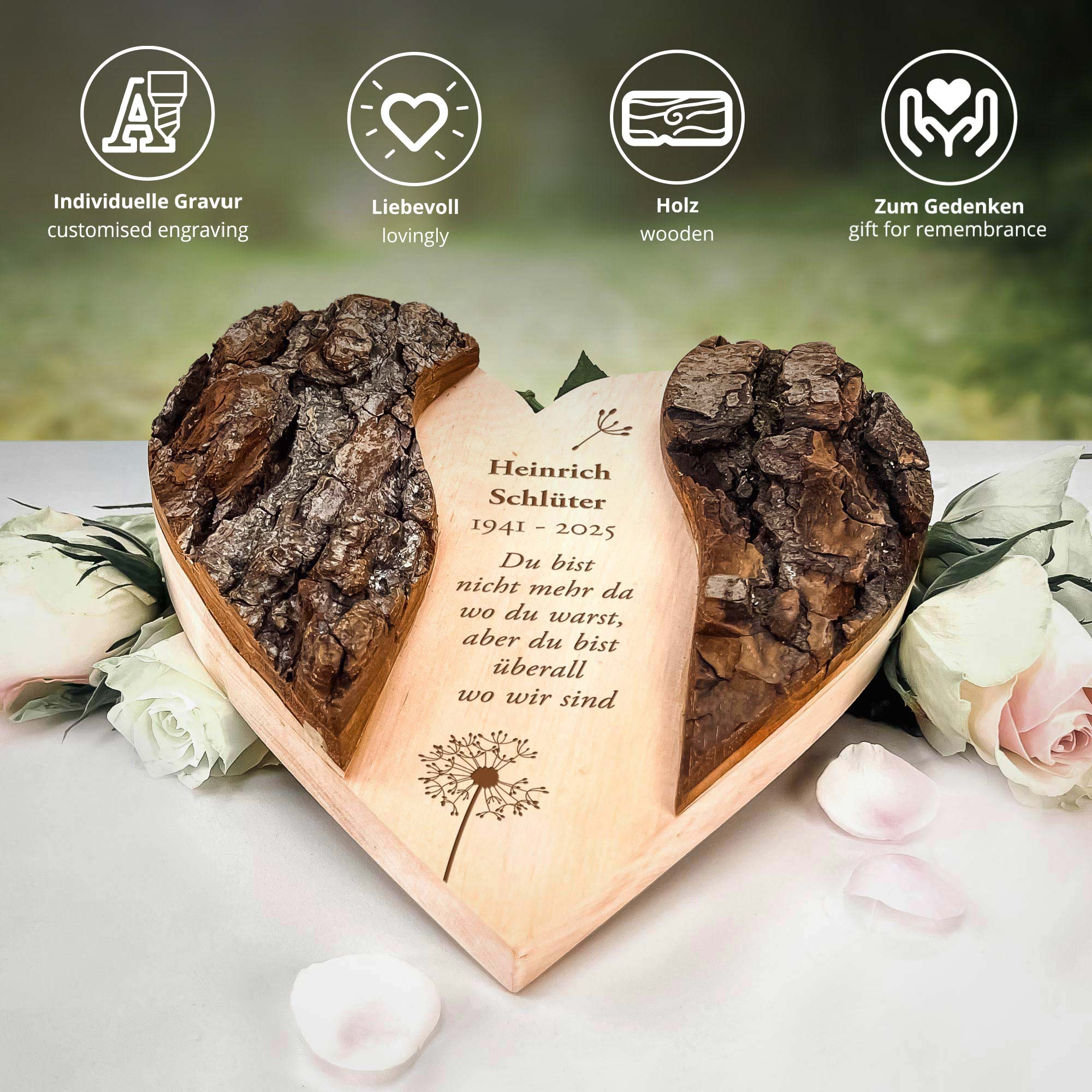 Personalisiertes Holzherz mit Rinde - Trauerblume Personalisiertes Holzherz mit Rinde - Trauerblume