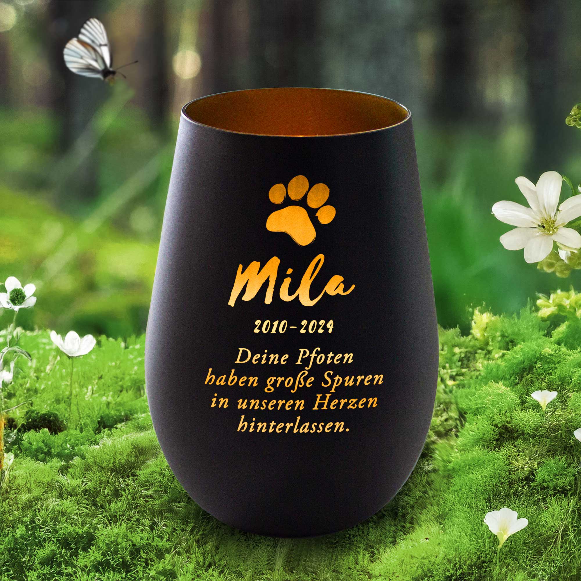 Personalisiertes Windlicht zur Trauer Katze - Schwarz Gold Personalisiertes Windlicht zur Trauer Katze - Schwarz Gold