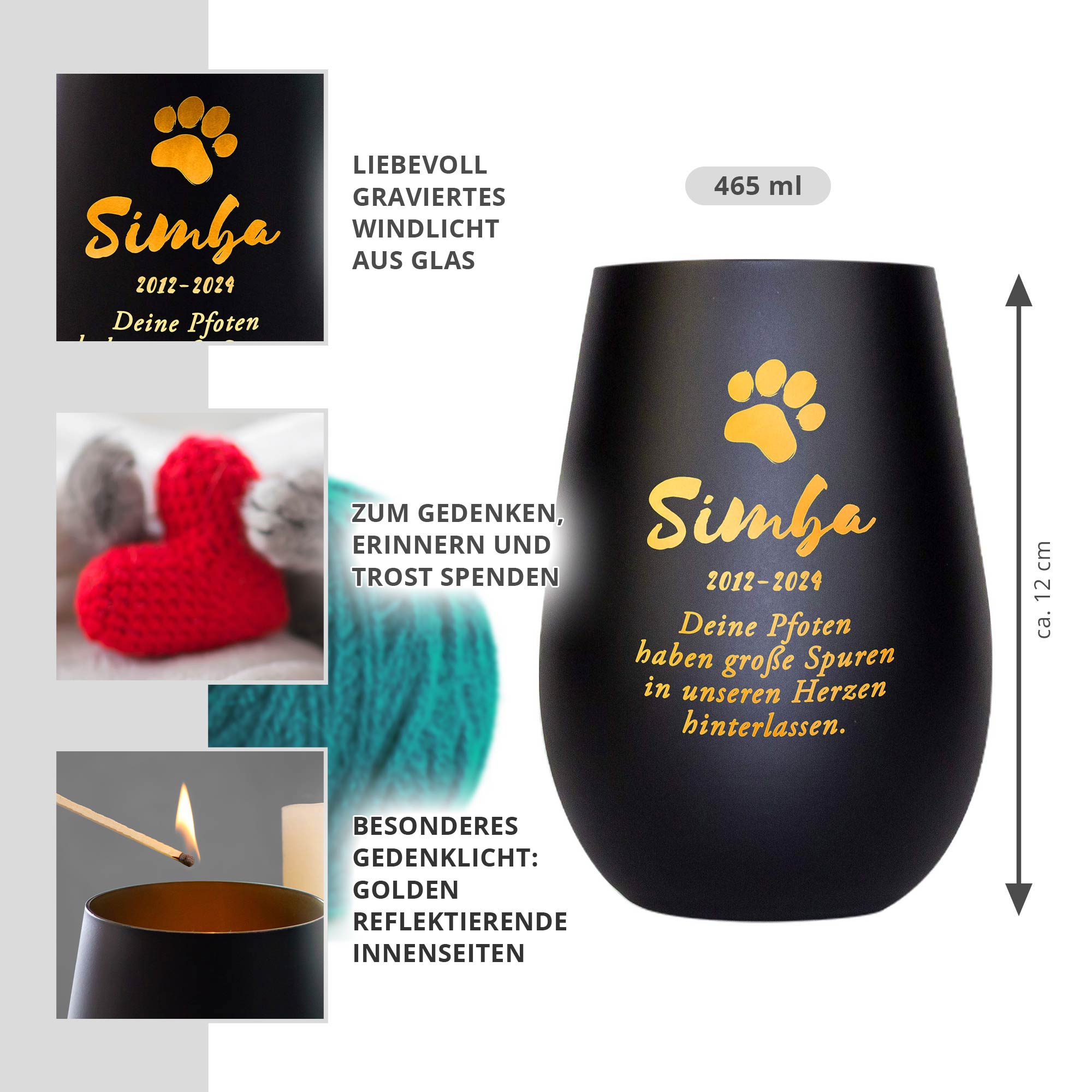 Personalisiertes Windlicht zur Trauer Katze - Schwarz Gold Personalisiertes Windlicht zur Trauer Katze - Schwarz Gold