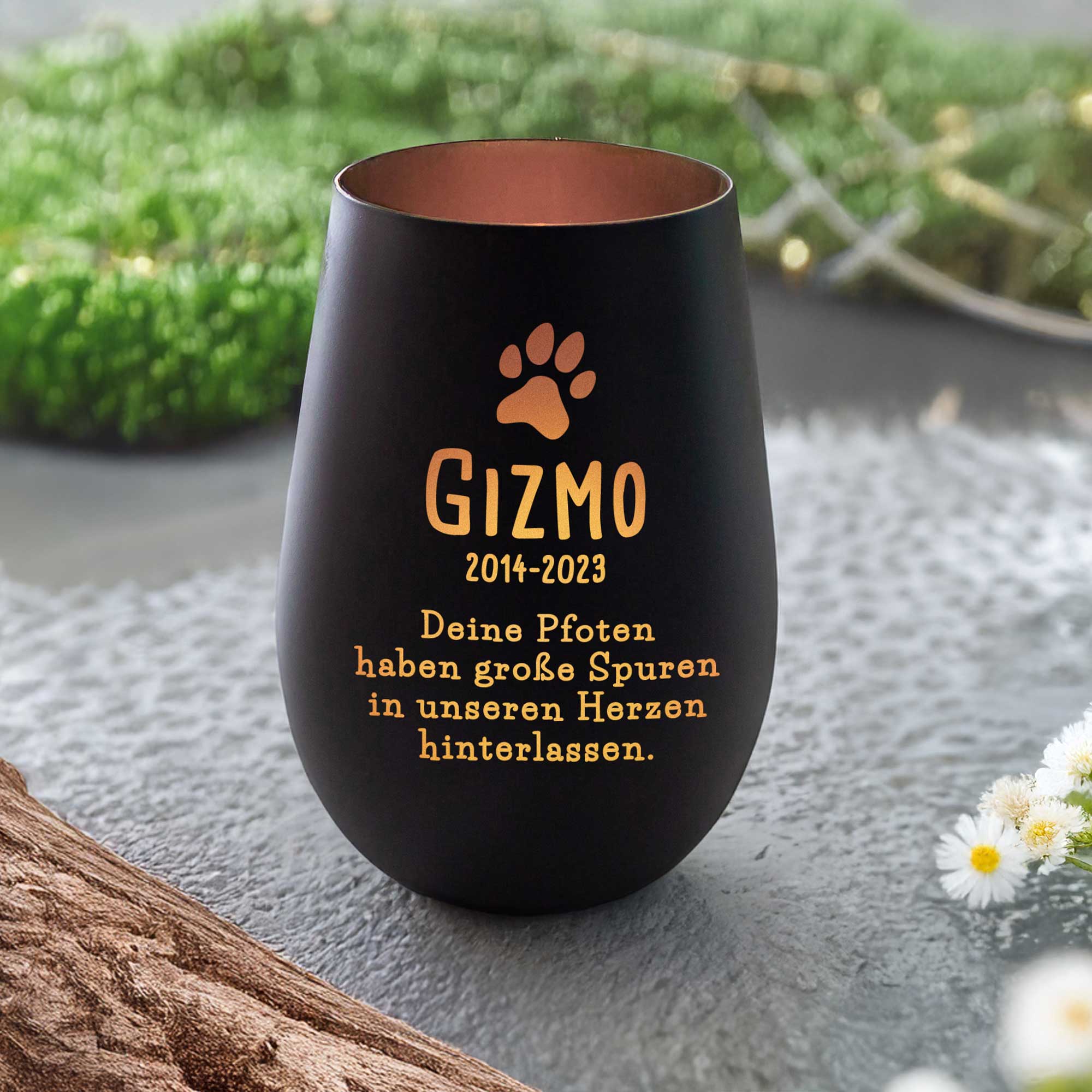 Personalisiertes Windlicht zur Trauer Hund - Schwarz Bronze Personalisiertes Windlicht zur Trauer Hund - Schwarz Bronze
