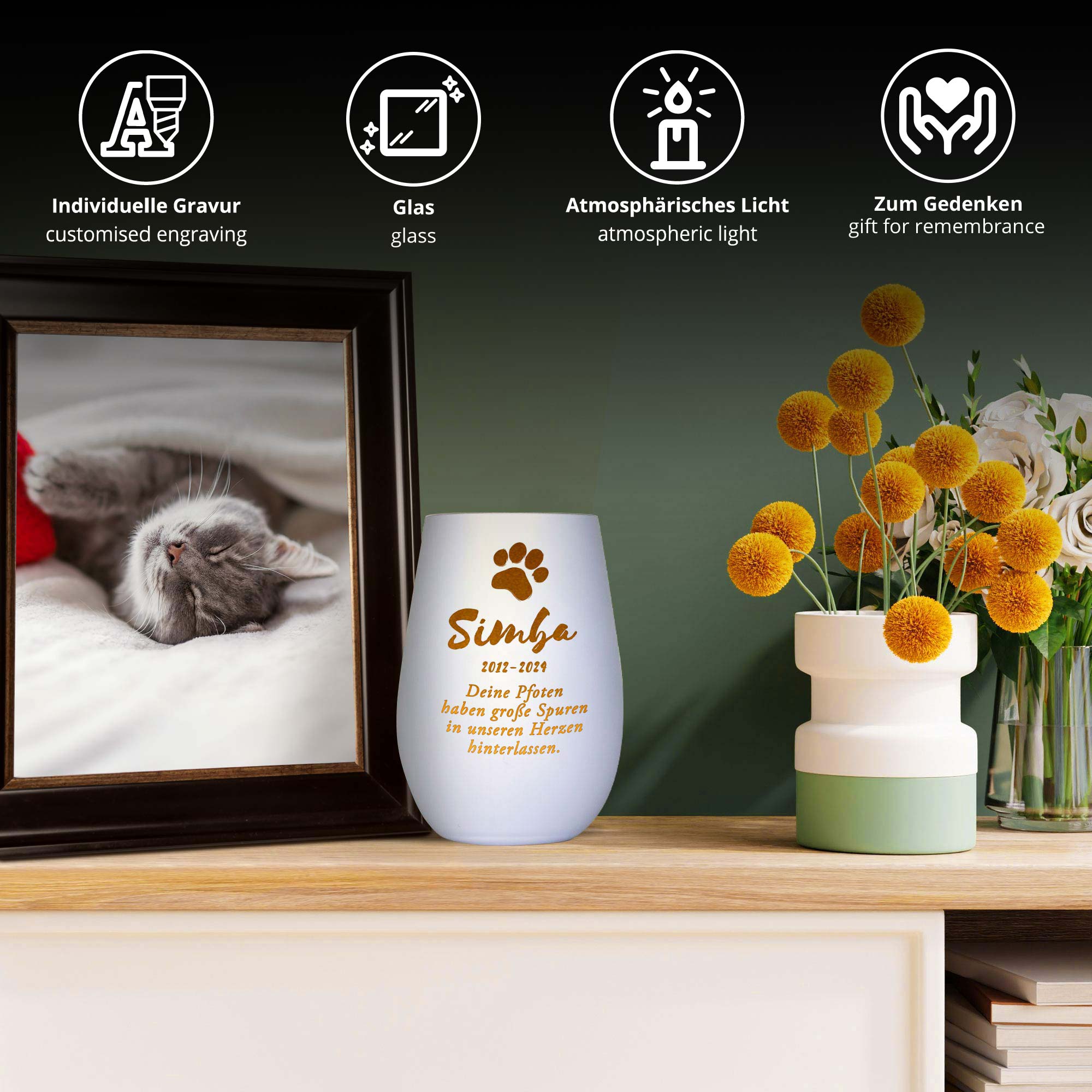 Personalisiertes Windlicht zur Trauer Katze - Weiß Gold Personalisiertes Windlicht zur Trauer Katze - Weiß Gold