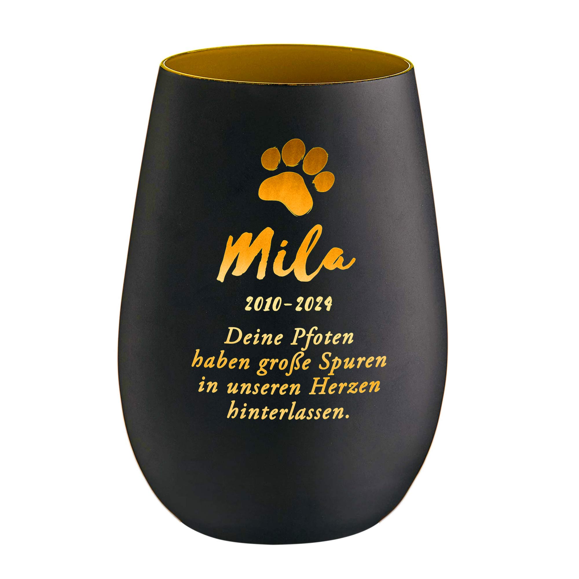 Personalisiertes Windlicht zur Trauer Katze - Schwarz Gold Personalisiertes Windlicht zur Trauer Katze - Schwarz Gold