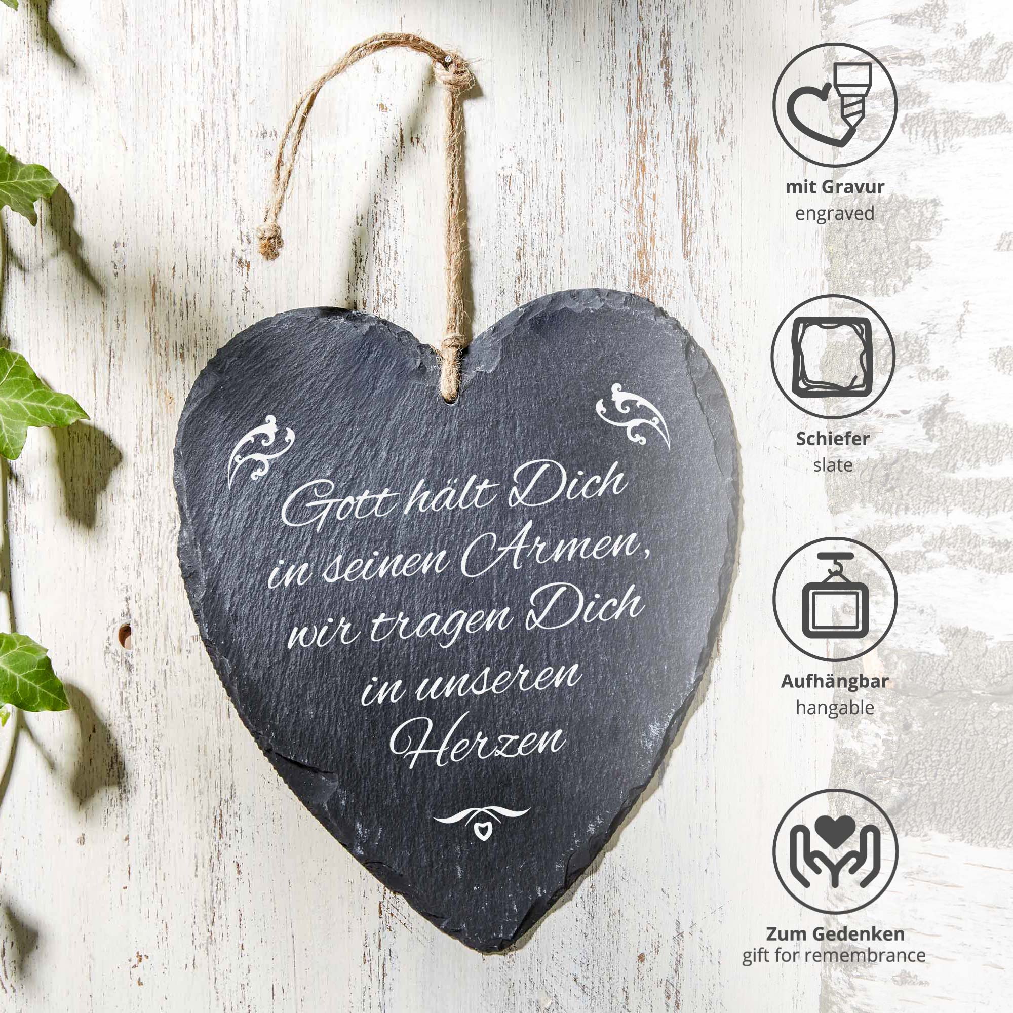 Schieferherz mit Gravur - Gott hält dich in seinen Armen Schieferherz mit Gravur - Gott hält dich in seinen Armen