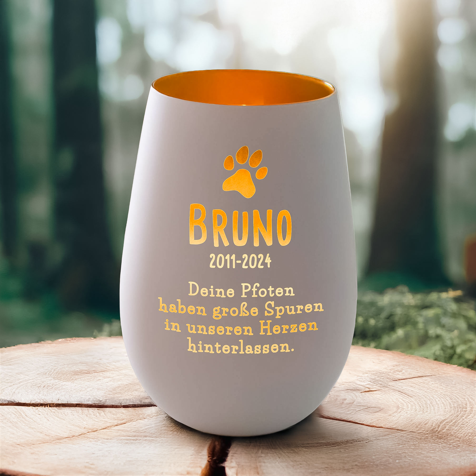 Personalisiertes Windlicht zur Trauer Hund - Weiß Gold Personalisiertes Windlicht zur Trauer Hund - Weiß Gold
