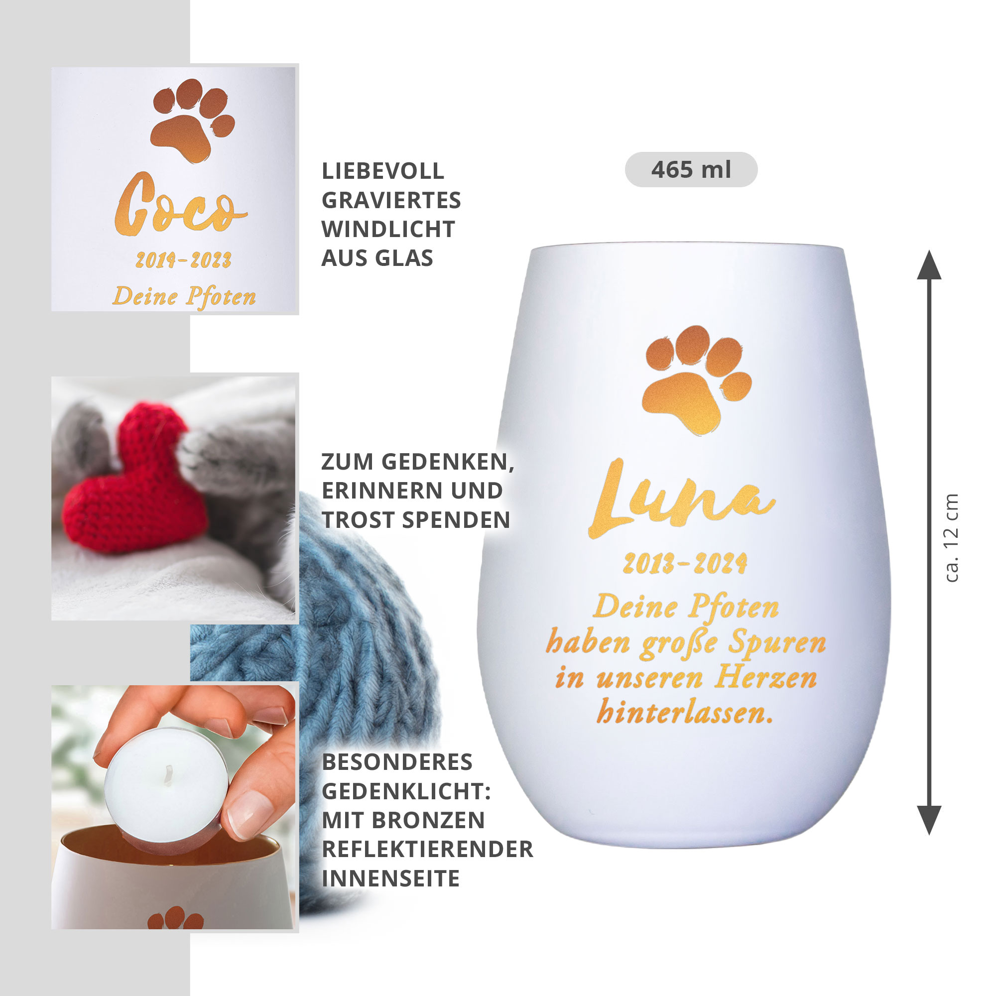 Personalisiertes Windlicht zur Trauer Katze - Weiß Bronze Personalisiertes Windlicht zur Trauer Katze - Weiß Bronze