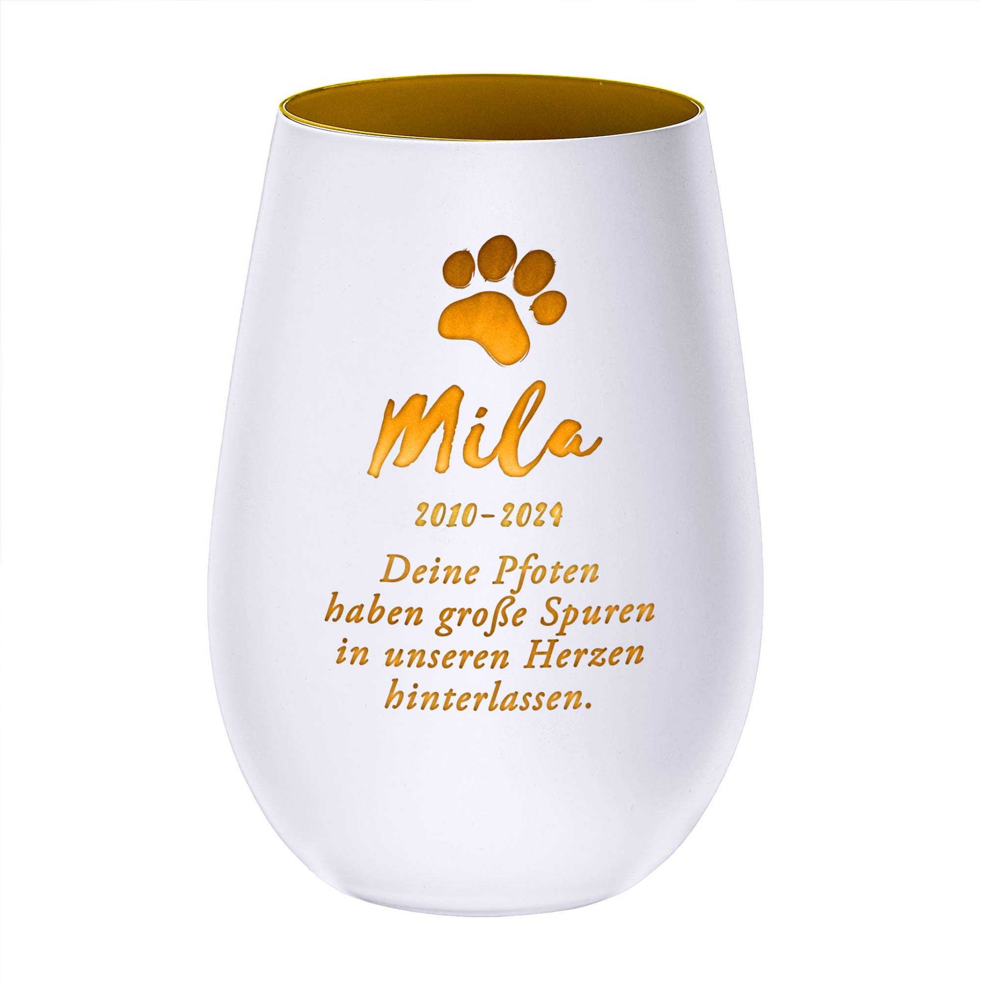 Personalisiertes Windlicht zur Trauer Katze - Weiß Gold Personalisiertes Windlicht zur Trauer Katze - Weiß Gold